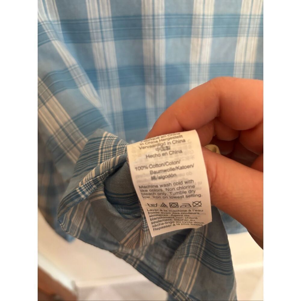 Madewell Colwell Plaid Ruffle Neck Blouse Small Blue Button Up Peasant Top Cotto - Picture 8 of 8